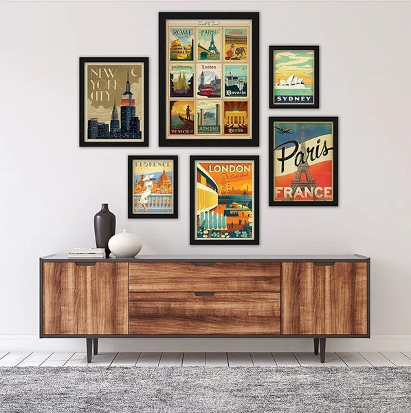 similar theme picture wall featuring a vintage travel theme with link to puchase