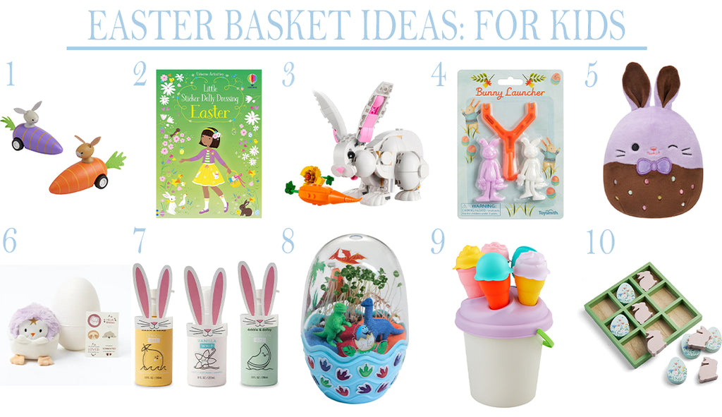 collage of easter basket filler ideas for kids