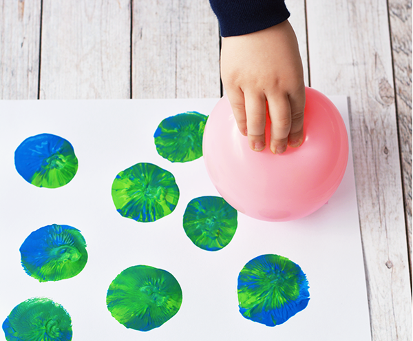 Earth Day Craft green and blue paint balloon stamps with link to recipe