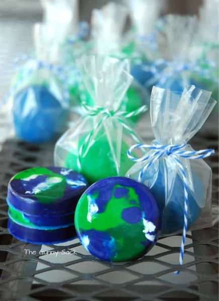 Earth Day Craft green and blue round crayons with link to recipe