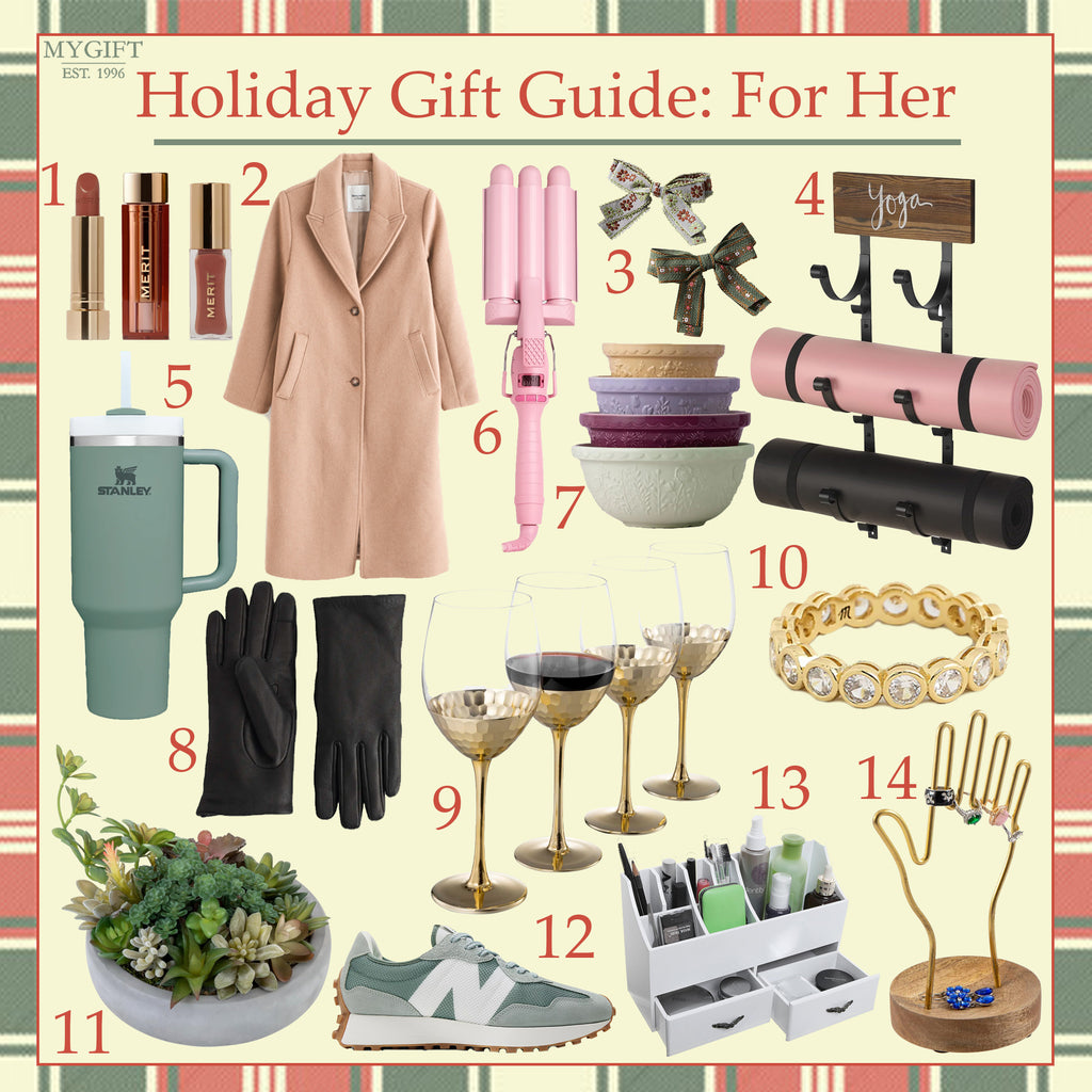 holiday gift guide for her with a collage of gift ideas