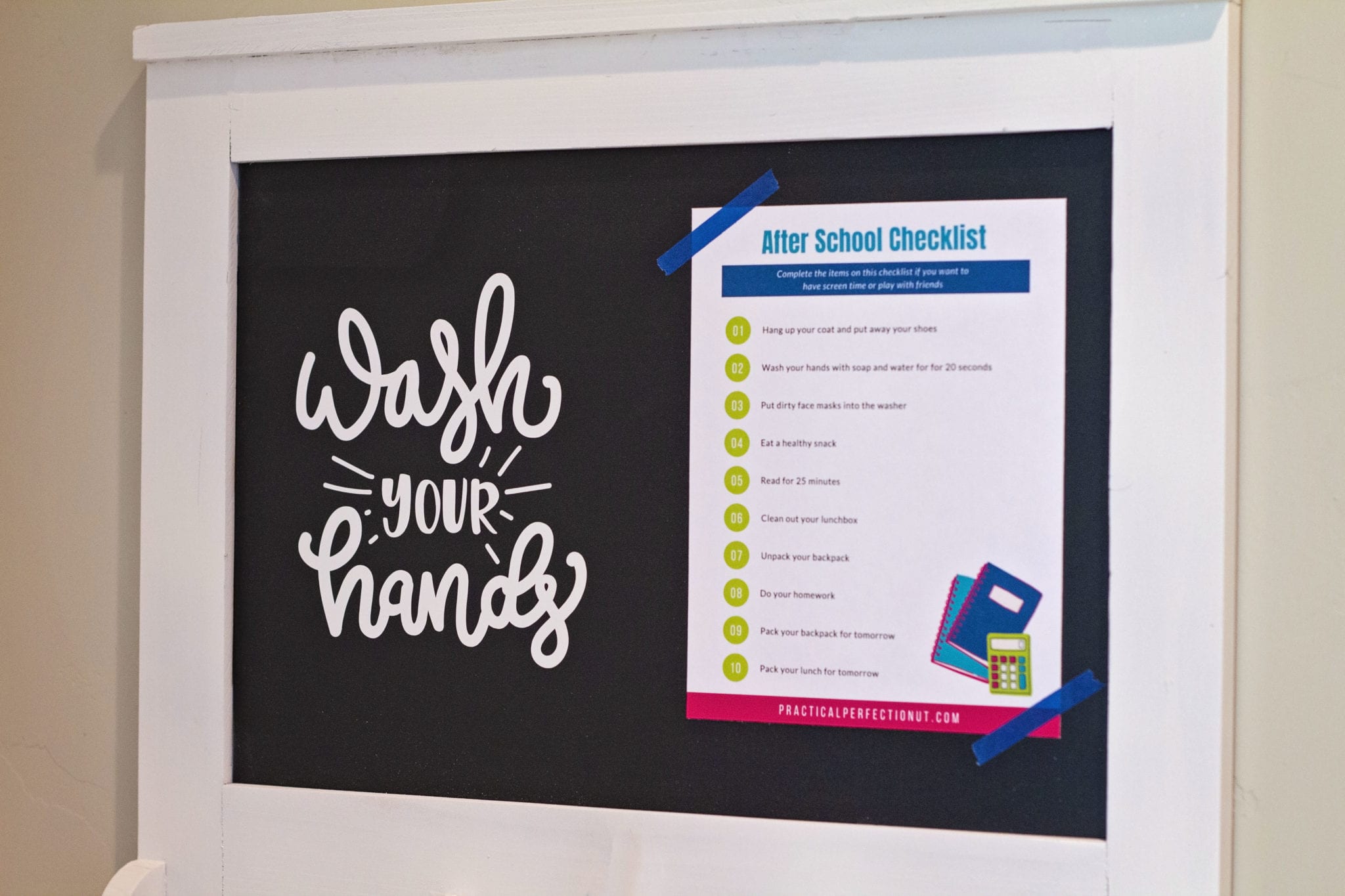 Hand Wash Reminder and After School Checklist on Chalkboard