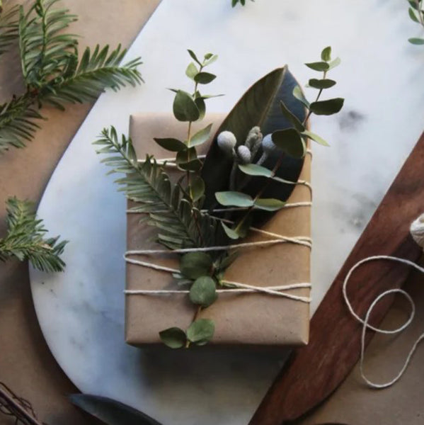 christmas gift wrapping with nature inspired additions with link to more ideas