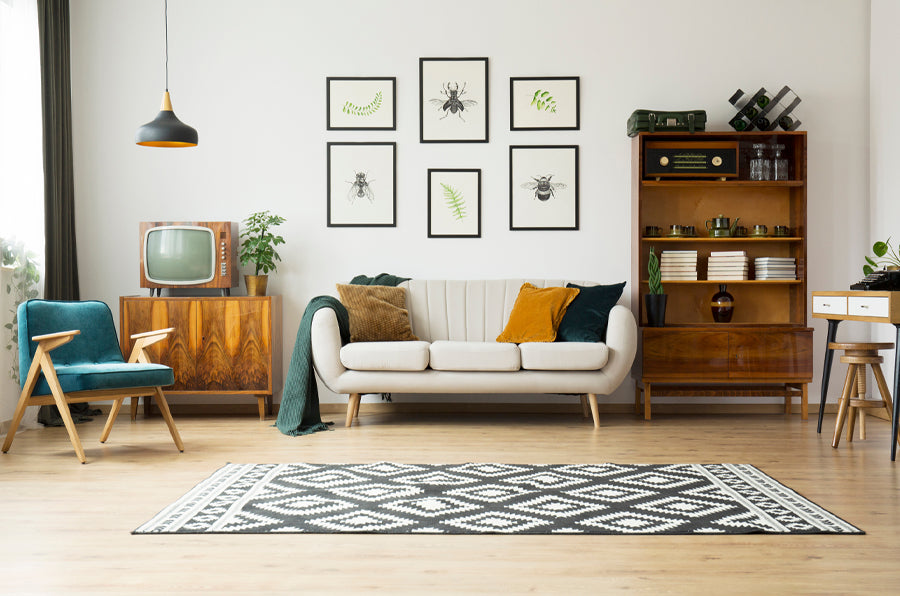 Retro style designed home featuring information on how to choose a proper size rug for your room and placement