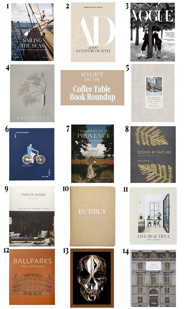 Collage of 14 different coffee table books for your home with links to purchase them