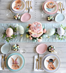 bunnies and eggs on an Easter table