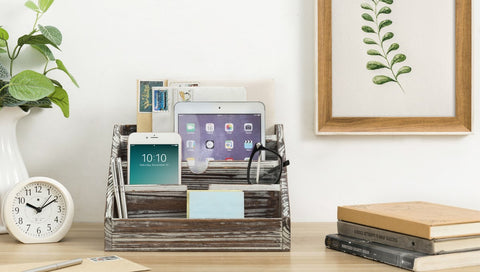 Desktop Organizer with whitewashed brown wood, ipad, cellphone, mail, and books