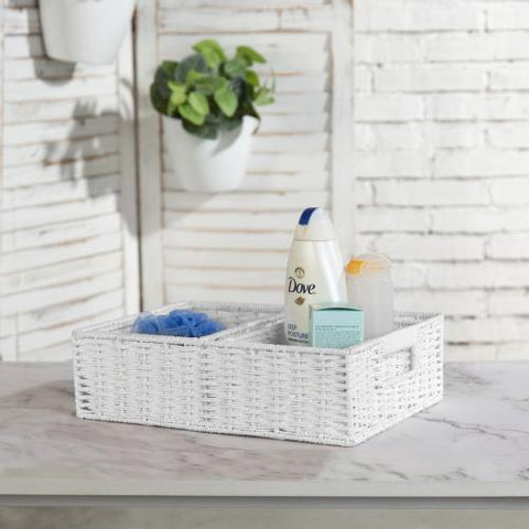 White Bathroom Storage Baskets with Toiletries