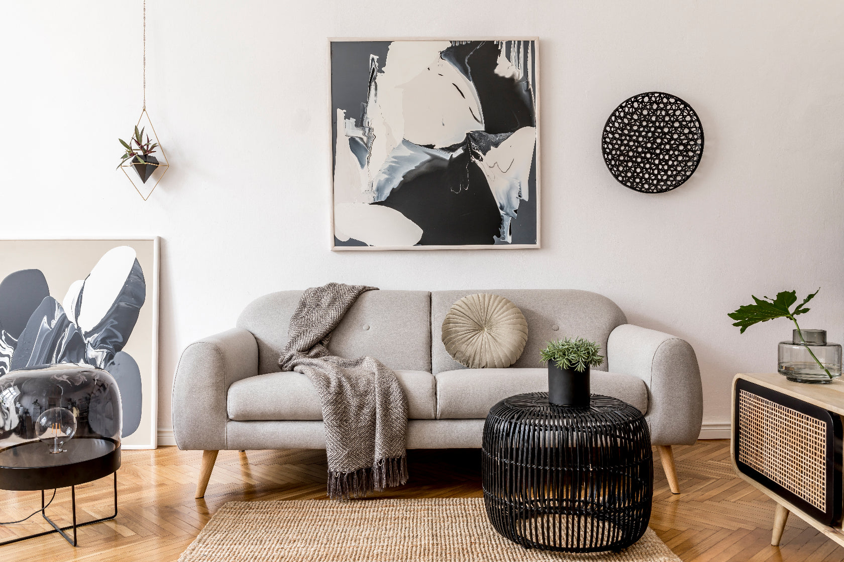 Living room with art work on the wall