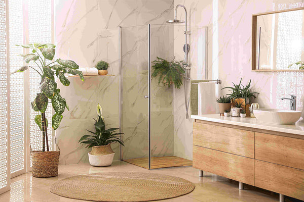 Modern design bathroom with large potted trees and plants throughout for creating a retreat in your home 