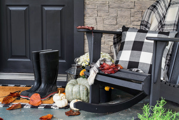 front porch with chair, rain boost and fall inspired decor