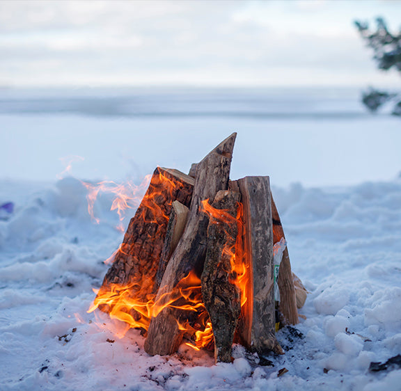 bonfire near a winter lake