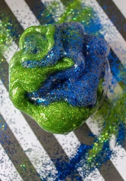 Earth Day Craft green and blue sparkly slime with link to recipe 
