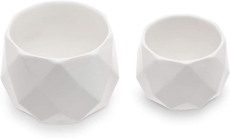 Set of 2 Geometric White Glazed Ceramic Planter Pots-MyGift