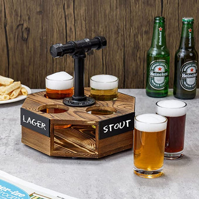 Gray & Burnt Wood Beer Flight Server Sampler Set with 4 Glasses and  Chalkboard Labels
