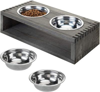 Gray Solid Wood Double Raised Pet Feeder for Small and Medium Size