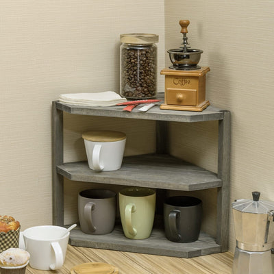 3-Tier Whitewashed Brown Wood Kitchen Counter Top Corner Organizer Shelf