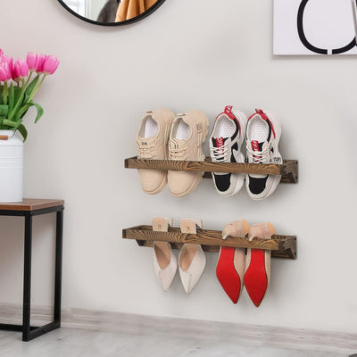 2 Tiered Shoe Rack, Vintage Metal Scrollwork and Burnt Wood Shoe