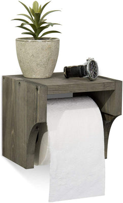 Burnt Dark Brown Wood & Brass Metal Toilet Paper Holder w/ Shelf