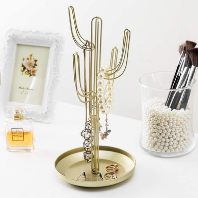 Brass-Tone Metal Hand-Shaped Jewelry Holder Stand with Acacia Wood Ring  Tray, Wire Jewelry Tree
