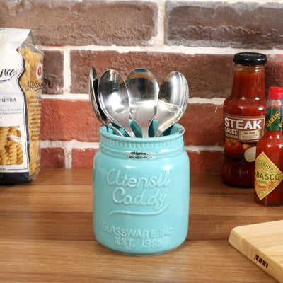 Burnt Brown Wood and Chicken Wire Utensil Holder, Flatware Serving Rack with 3 White Mason Jars