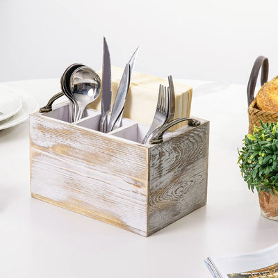 Burnt Brown Wood and Chicken Wire Utensil Holder, Flatware Serving Rack with 3 White Mason Jars