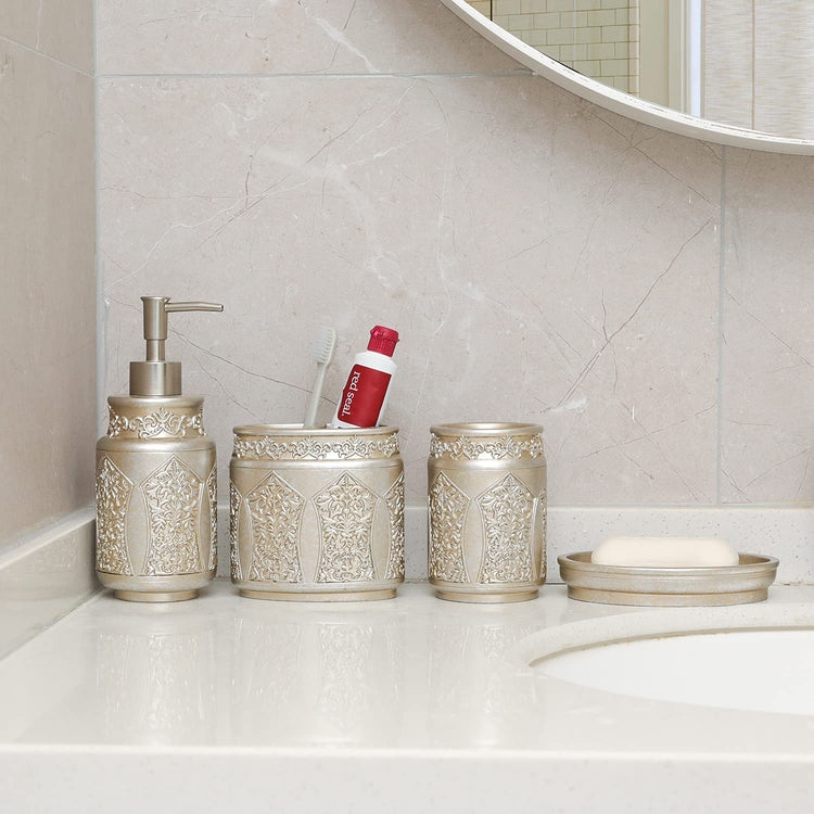 Silver Embossed Pattern Bathroom Accessory Set with Soap Dish, Tumbler, Toothbrush Holder, Pump Dispenser