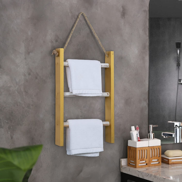3 Tier Brass Tone and Whitewashed Wood Wall Hanging Hand Towel Storage Ladder with Rustic Rope