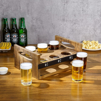 MyGift Dark Brown Slatted Wood Beer Flight Tasting Sampler Tray with 4 Glass Cups and Mini Chalkboards