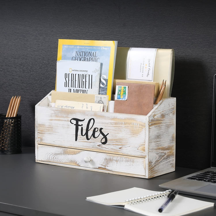 mini Factureerbaar Uitgraving Whitewashed Wood Desktop File Organizer with Storage Drawer, Office Fo –  MyGift