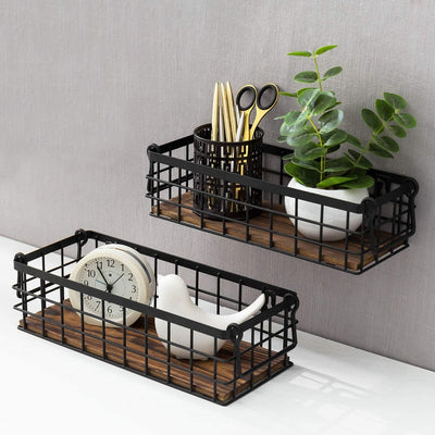 Hanging Storage Basket, Industrial Wire and Burnt Wood Wall Mounted Ki –  MyGift