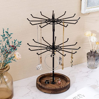 Rotating Tiered Jewelry Tree in Black Metal with Whitewashed Wood