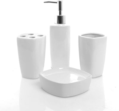 White 4-Piece Bathroom Accessory Set, Embossed Powder Blue Leaf and Br –  MyGift