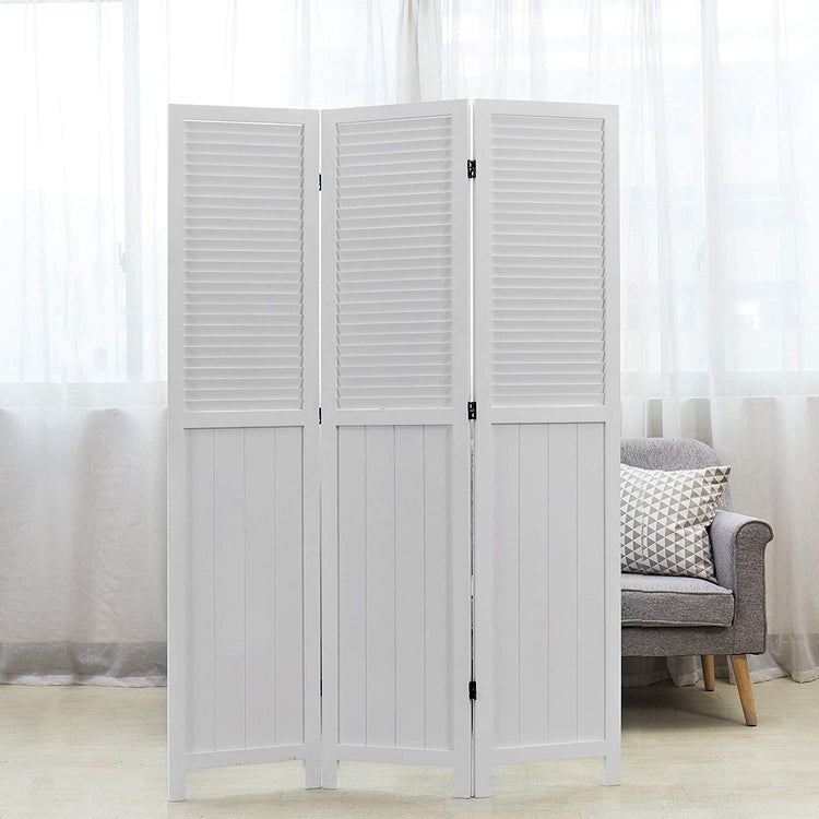 3-Panel Vintage White Room Divider Louvered Wood Folding Room Divider