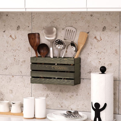 MyGift Wall Mounted Whitewashed Wood Utensil Holder Kitchen Organizer with 3 Compartments and Corrugated Galvanized Metal Accent, Countertop Buffet