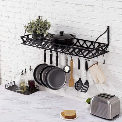 MyGift Ceiling-Mounted Pot and Pan Holder, Torched Wood and Metal Piping Hanging Storage Rack with 8 Hooks