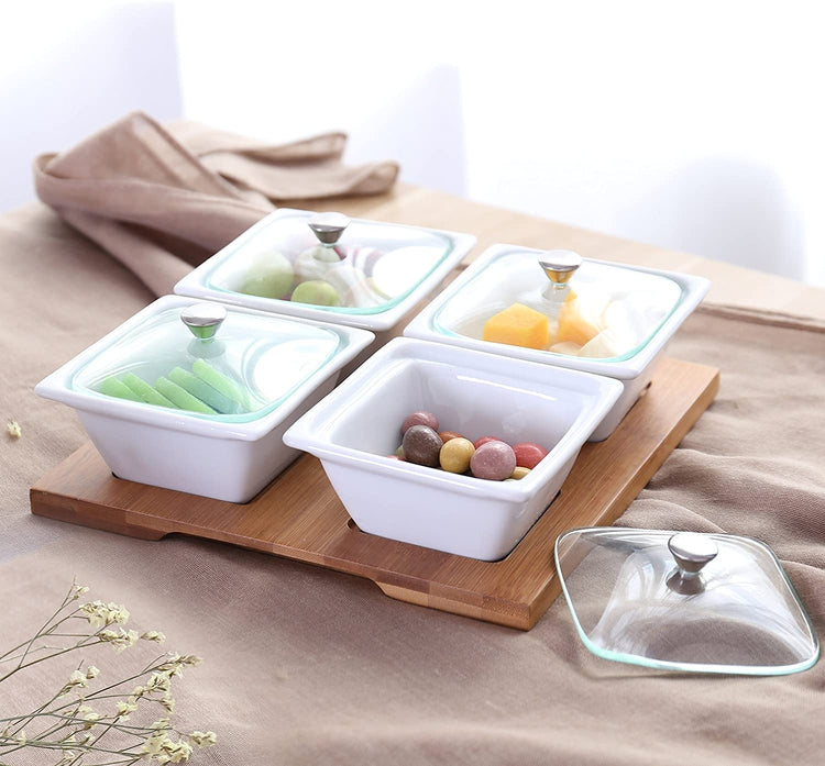 White Ceramic Condiment Serving Bowl Set with Lids and Bamboo Tray, Se ...