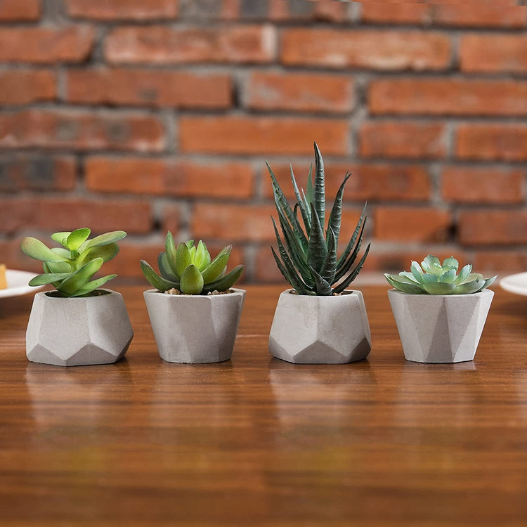 Faux Succulents in Geometric Clay Plant Pots, Set of 4