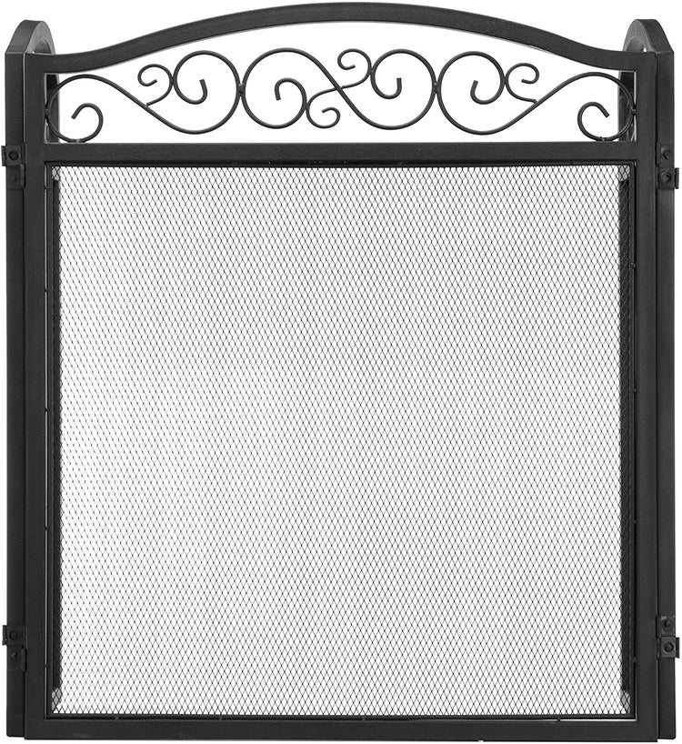 Black Wrought Iron 3-Panel Mesh Fireplace Screen with Scrollwork Design-MyGift