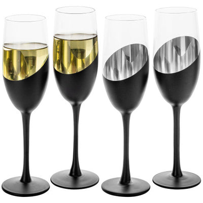Champagne Flutes, Set of 4 Champagne Glasses Stemmed Toasting Drinkware with Decorative Brass Metal Hammered Style Base