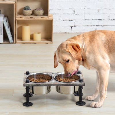 MyGift Rustic Solid Brown Wood Elevated Dog Bowls with Industrial Metal  Legs, Dog Food and Water Bowls for Medium Dogs, Raised Pet Feeder with 2