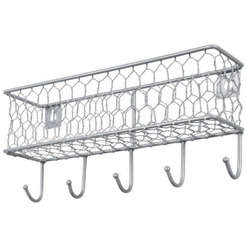 Silver Metal Mail Sorter with Chicken Wire Mesh Basket & Key Hooks - MyGift