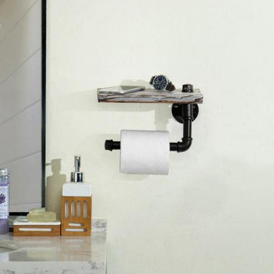 Dual-Roll Torched Wood & Black Metal Toilet Paper Holder with Shelf