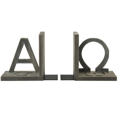 Gray Wood and Black Metal Alpha and Omega Bookends, Set of 2 – MyGift