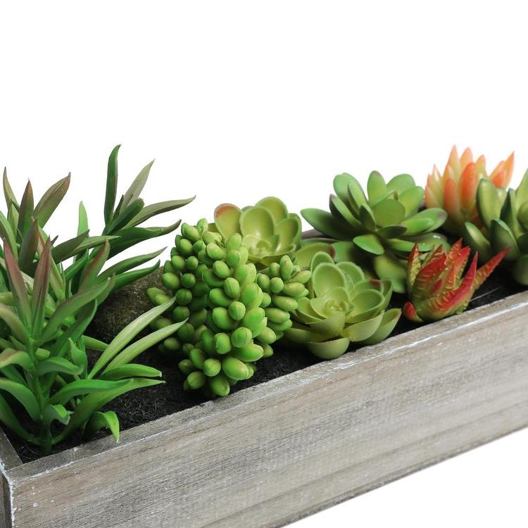 Mixed Artificial Succulent Plants in Rectangular Brown Wooden Planter Box - MyGift Enterprise LLC