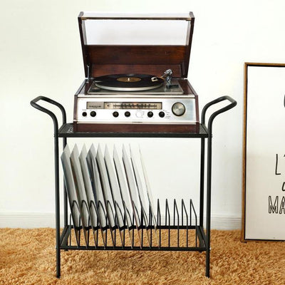 Brown Wood & Black Metal Turntable Stand w/ Vinyl Record Holder – MyGift