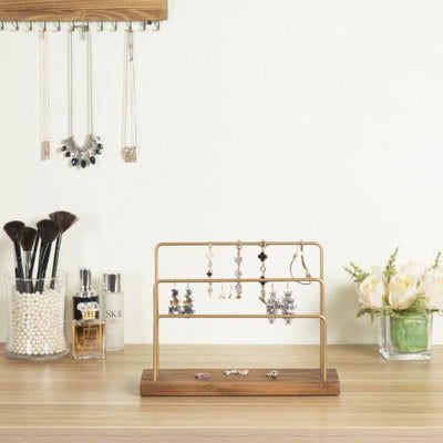 Brass-Tone Metal Hand-Shaped Jewelry Holder Stand with Acacia Wood Ring  Tray, Wire Jewelry Tree