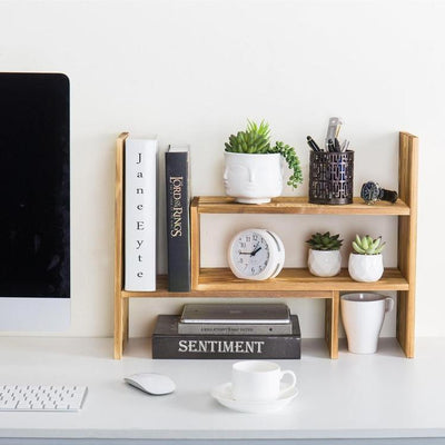 Tabletop Book Caddy, Gray Wood and Black Metal Trough Style