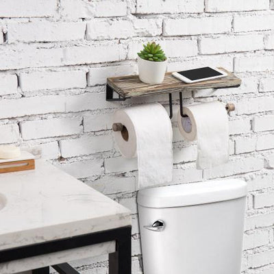 Wall-Mounted Burnt Wood & Black Metal Dual-Roll Toilet Paper