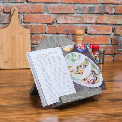Cutting Board-Style Gray Wood Cookbook & Tablet Stand, Countertop